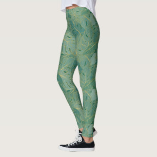 Green and gold palm leaves pattern leggings