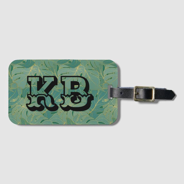 Green and gold palm leaves pattern luggage tag (Front Horizontal)
