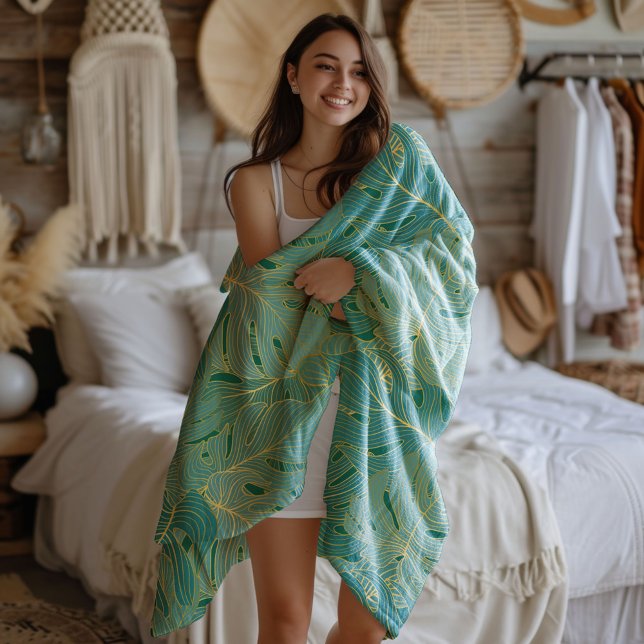 Green and gold palm leaves pattern sherpa blanket (Creator Uploaded)