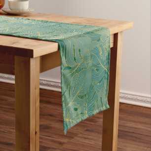 Green and gold palm leaves pattern short table runner