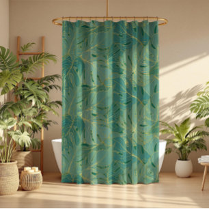 Green and gold palm leaves pattern shower curtain