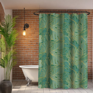 Green and gold palm leaves pattern shower curtain