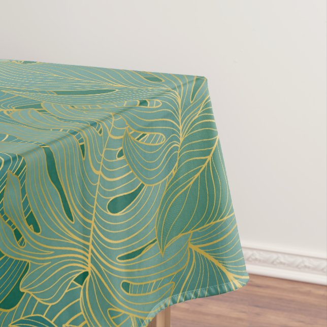 Green and gold palm leaves pattern tablecloth (In Situ)