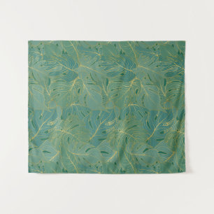 Green and gold palm leaves pattern tapestry