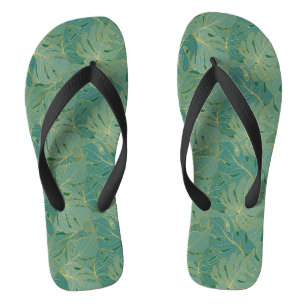 Green and gold palm leaves pattern thongs