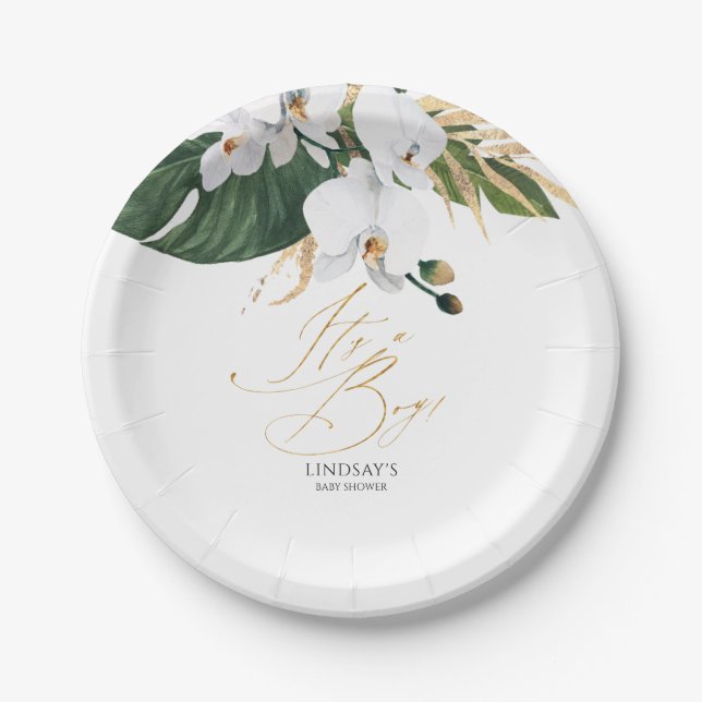 Green and Gold Palm Leaves White Orchids Elegant Paper Plate (Front)