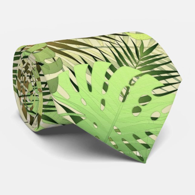 Green and gold palm tropical leaves neck tie (Rolled)