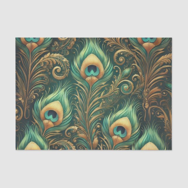 Green and Gold Peacock Feathers Decoupage Paper (Front)