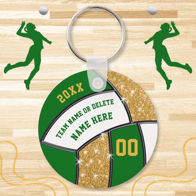 Green and Gold Personalise Volleyball Party Favour Key Ring (Personalized Volleyball Souvenirs. Cheap volleyball gifts. Green and Gold, volleyball party favors.)