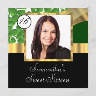 Green and gold photo sweet sixteen invitation