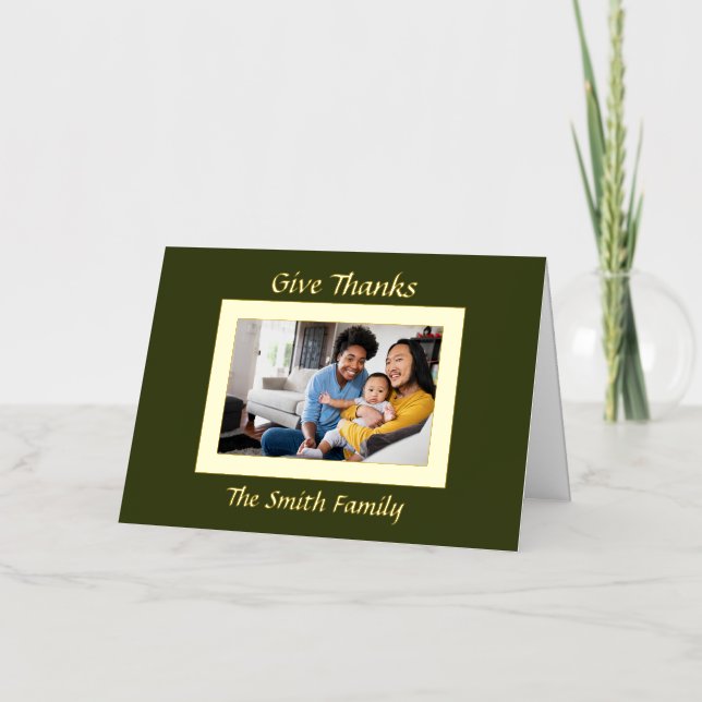 Green and Gold Photo Thanksgiving Foil Holiday Card (Front)