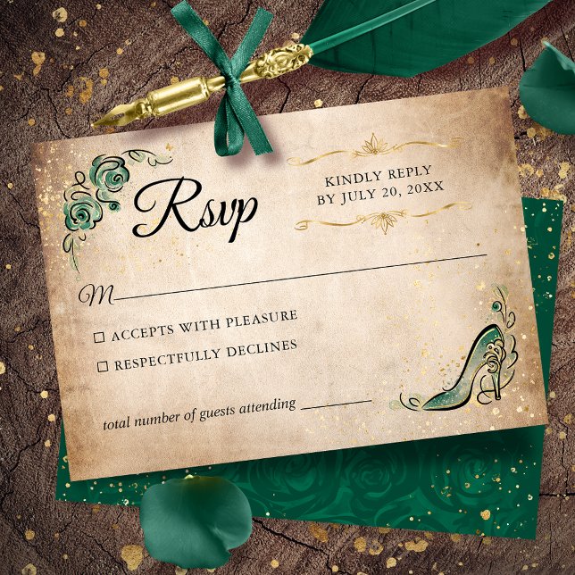 Green and Gold Princess Elegant Wedding RSVP Card (Gold and Green RSVP cards to give your once upon a time celebration an elegant touch.)