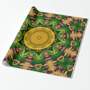 Green and Gold Psychedelic Design Wrapping Paper