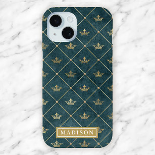 Green and Gold Queen Crown Pattern Custom Name iPhone 15 Case