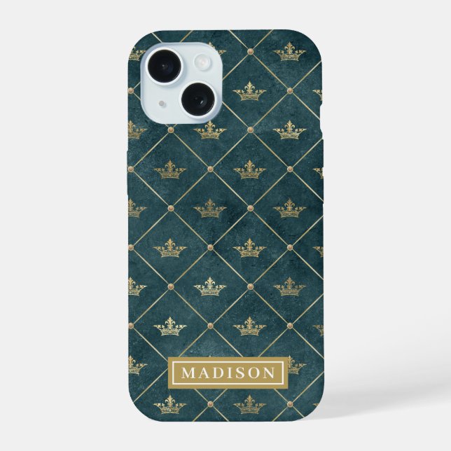 Green and Gold Queen Crown Pattern Custom Name iPhone 15 Case (Back)