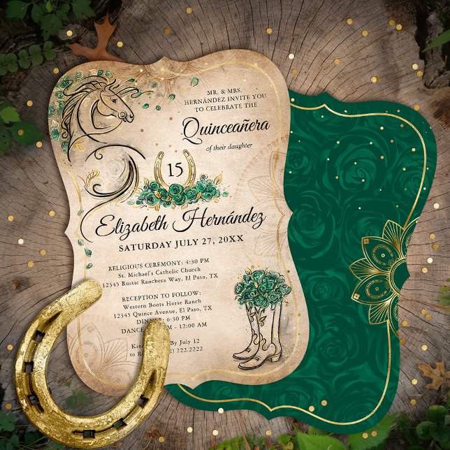 Green and Gold Quinceañera Rustic Horse Birthday Invitation (Creator Uploaded)