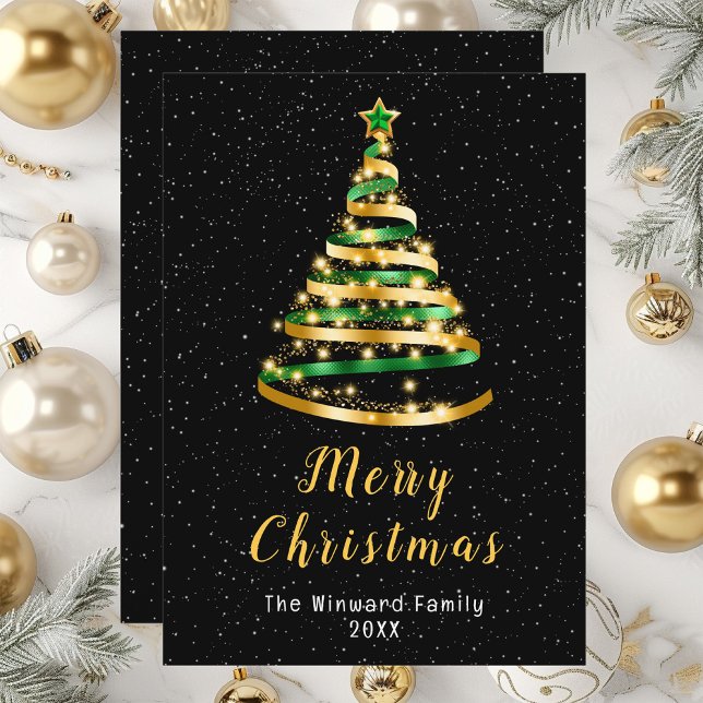 Green and Gold Ribbon Tree Merry Christmas Holiday Card (Creator Uploaded)