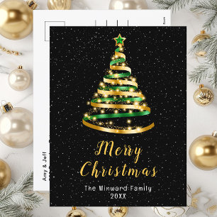 Green and Gold Ribbon Tree Merry Christmas Holiday Postcard