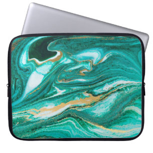 Green and gold ripple of agate background. Golden Laptop Sleeve