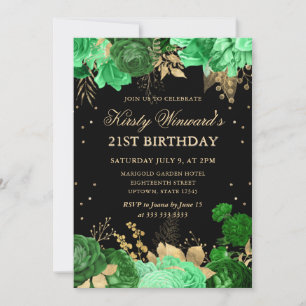 Green and Gold Roses Border Floral 21st Birthday Invitation