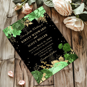 Green and Gold Roses Border Floral Wedding Invitation
