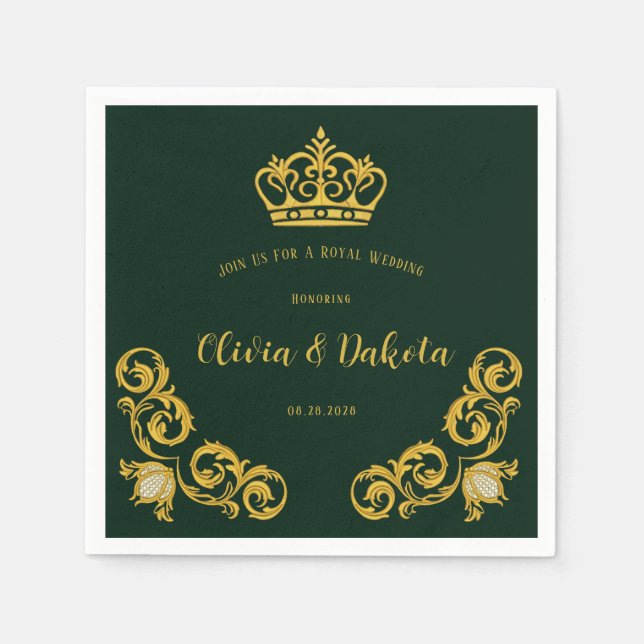 Green and Gold Royal Crown Wedding Napkins (Front)
