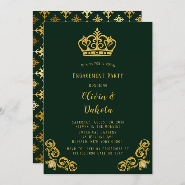 Green and Gold Royal Wedding Engagement Party Invitation (Front/Back)