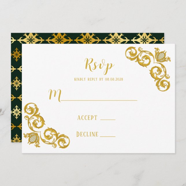 Green and Gold Royal Wedding RSVP Cards (Front/Back)