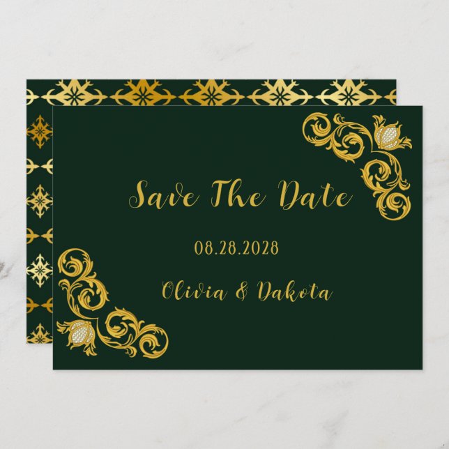 Green and Gold Royal Wedding Save The Date Cards (Front/Back)