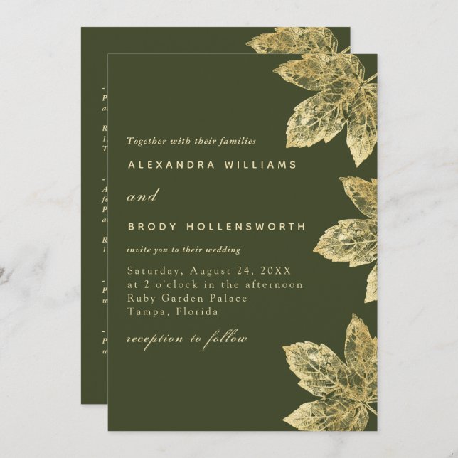 Green And Gold Rustic Foil Leaf All In One Wedding Invitation (Front/Back)
