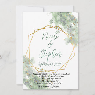 Green and gold rustic wedding invitation