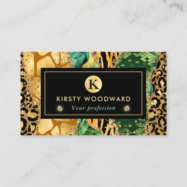 Green and Gold Safari Animal Glitter Agate Business Card (Front)