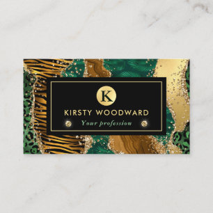 Green and Gold Safari Animal Glitter Agate Business Card