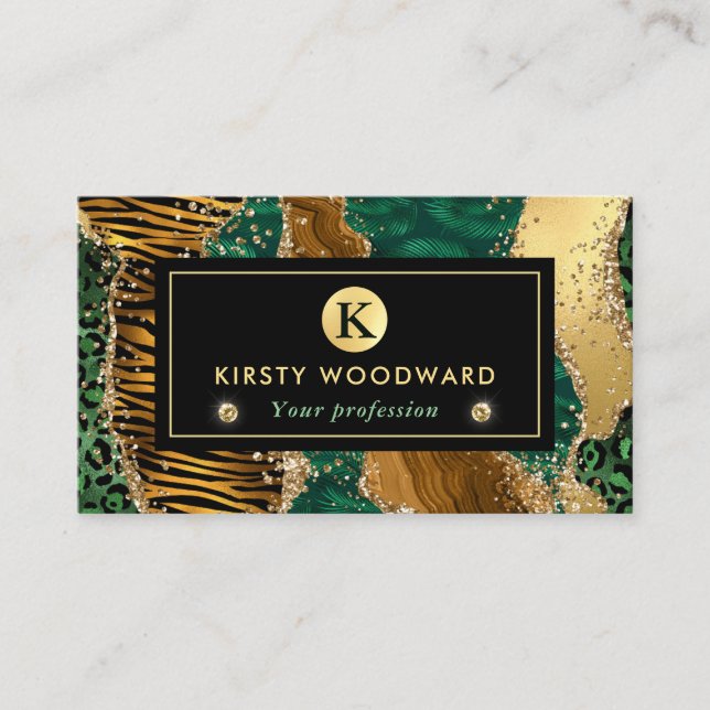 Green and Gold Safari Animal Glitter Agate Business Card (Front)