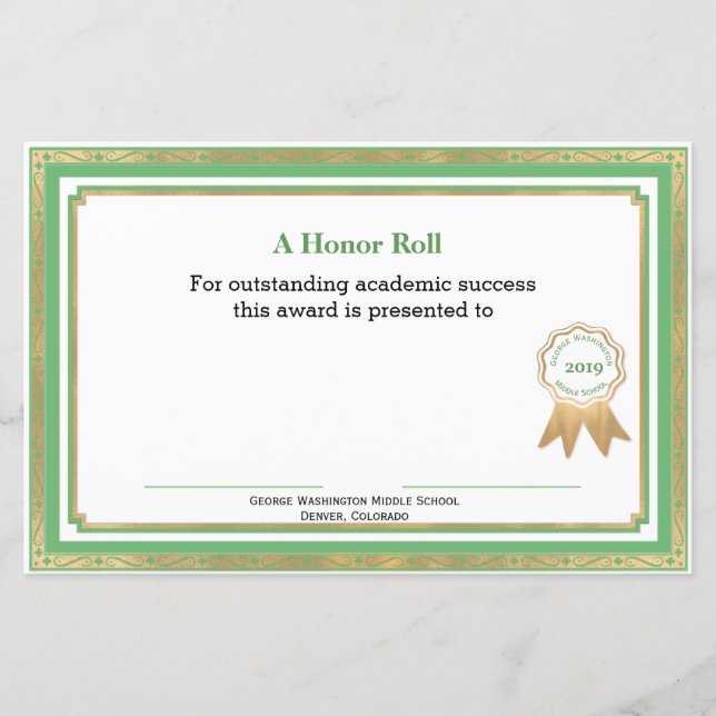 Green and Gold School Award Certificate (Front)