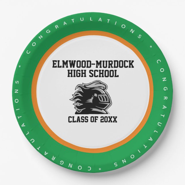 Green and Gold School Colors, Graduation Party Paper Plate (Front)