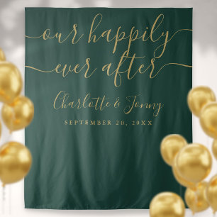 Green And Gold Script Wedding Photo Booth Backdrop Tapestry