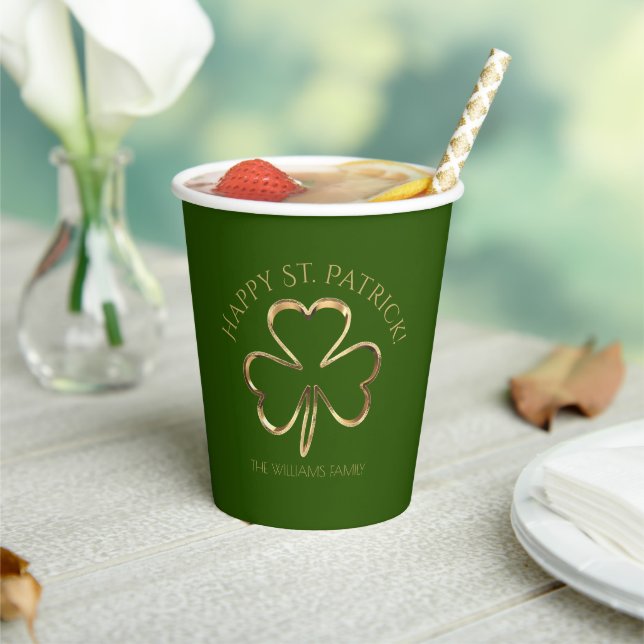 Green and Gold Shamrock Clover St. Patrick's Day Paper Cups (Insitu)