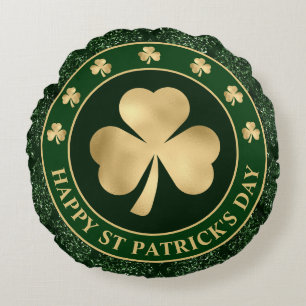 Green and Gold Shamrock Clover St Patrick's Day Round Cushion