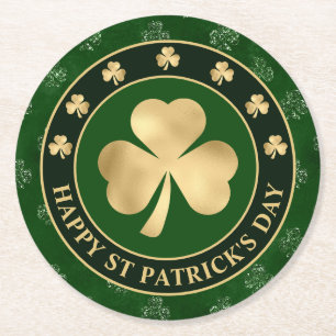 Green and Gold Shamrock Clover St Patrick's Day Round Paper Coaster