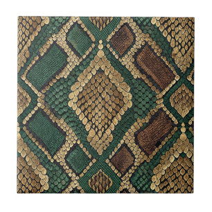 Green and Gold Snake Skin Pattern - Animal Print Ceramic Tile