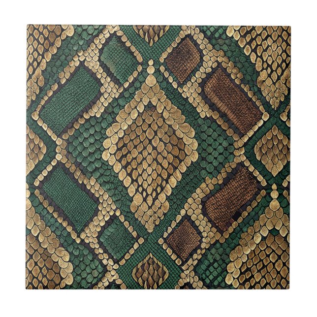 Green and Gold Snake Skin Pattern - Animal Print Ceramic Tile (Front)