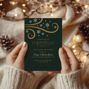 Green and Gold Snowflake Christmas Invitation