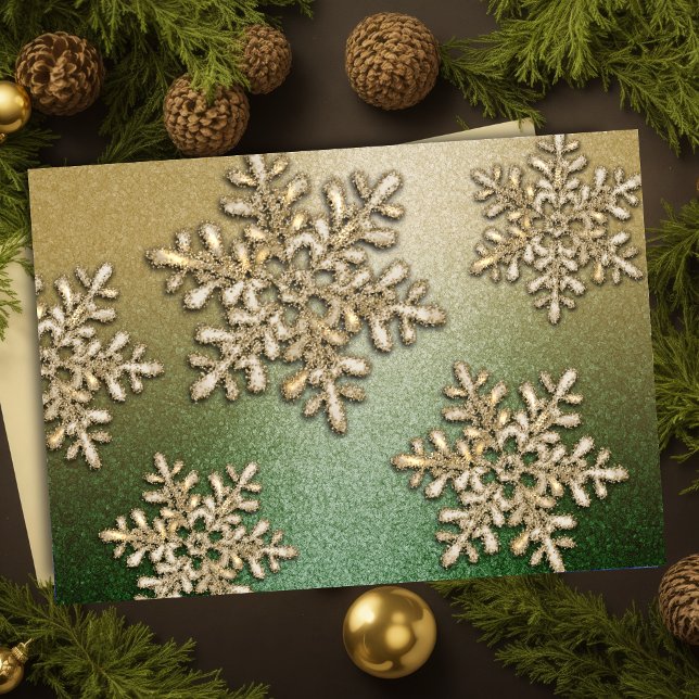 Green and Gold Snowflake Shimmer Holiday Card (Creator Uploaded)
