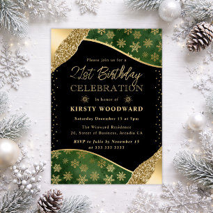 Green and Gold Snowflakes 21st Birthday Invitation