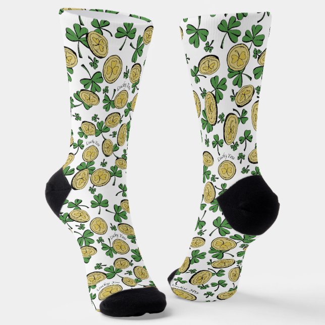Green and Gold St Patrick's Lucky You Shamrock Socks (Angled)