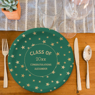 Green and Gold Stars graduation party Paper Plate