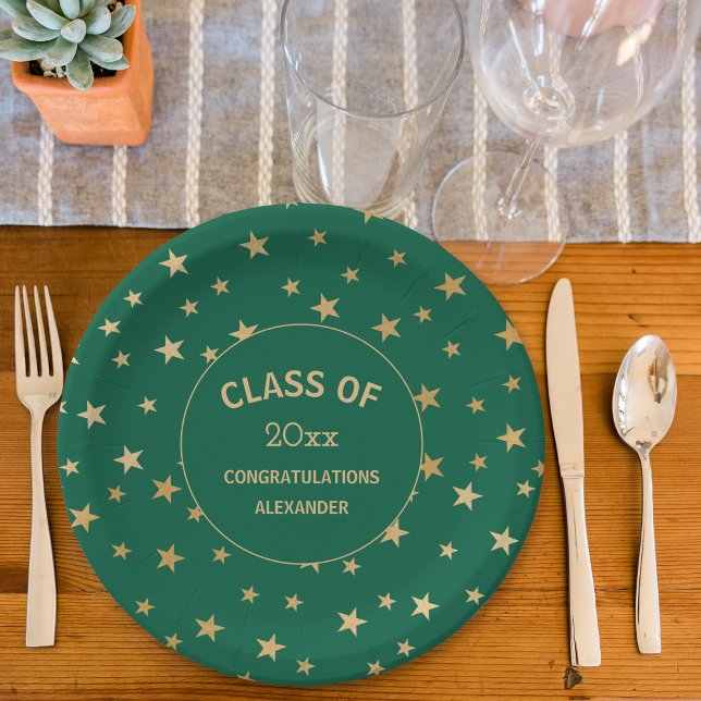 Green and Gold Stars graduation party Paper Plate (Creator Uploaded)