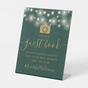 Green And Gold String Lights Photo Guest Book Pedestal Sign