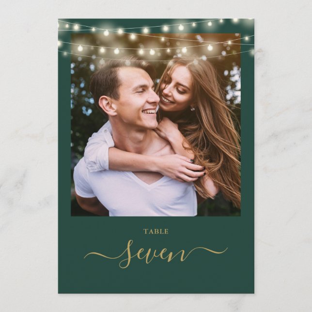 Green And Gold String Lights Photo Table Number (Front)